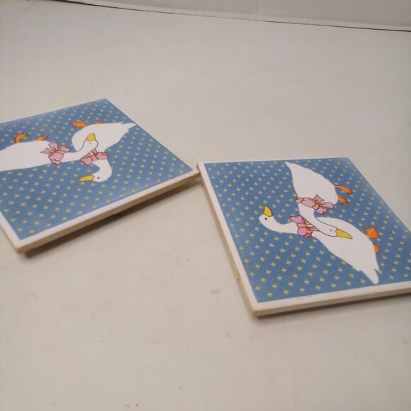 Vintage Ceramic Tile Trivet Coaster Geese 80s Blue White Lot of 2 - Picture 8 of 10